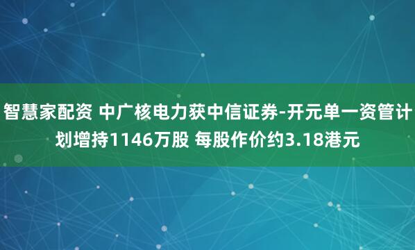 智慧家配资 中广核电力获中信证券-开元单一资管计划增持1146万股 每股作价约3.18港元